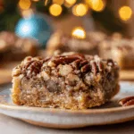 single chewy brown butter pecan blondie square on a small plate, gooey center with crunchy pecans on top