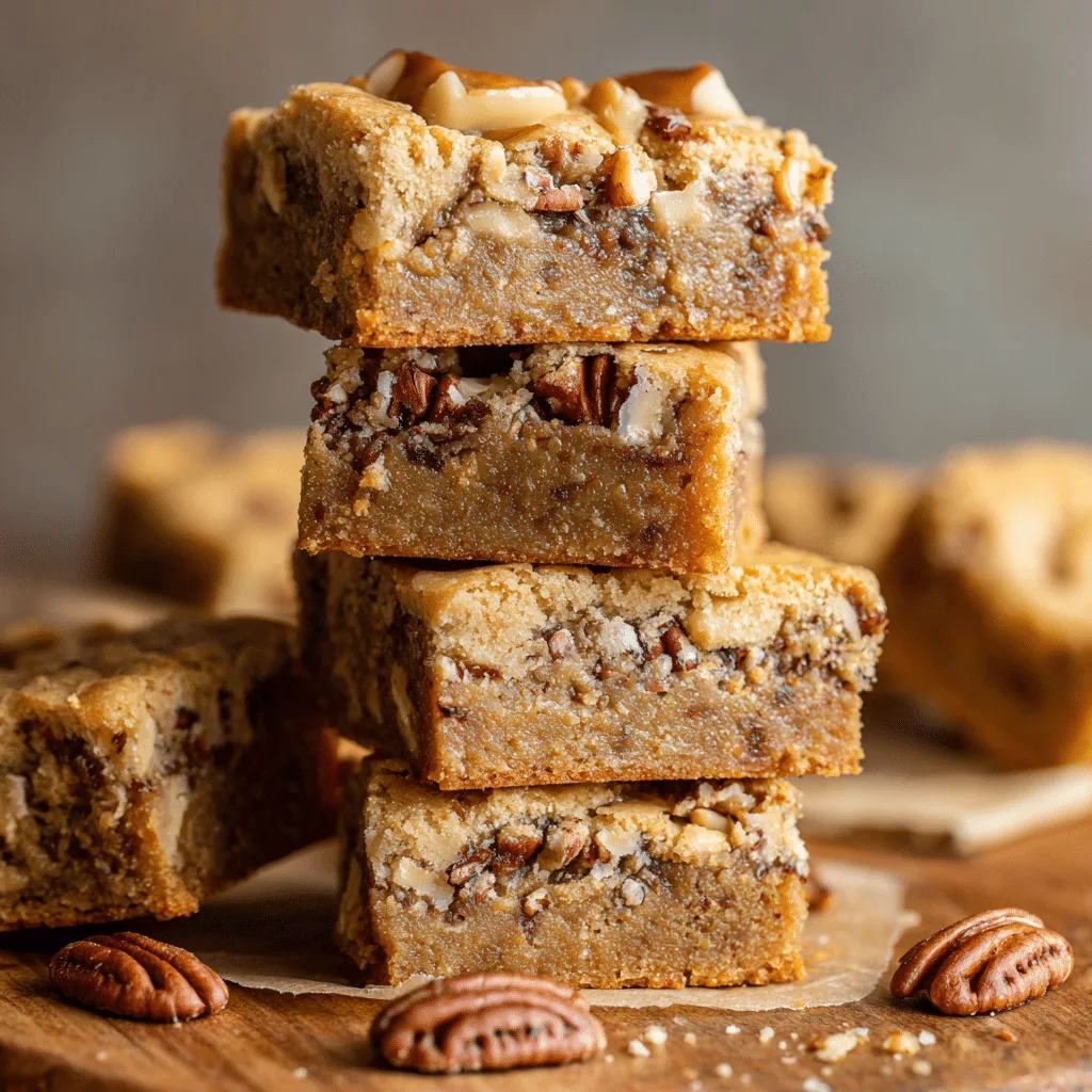 A tray of freshly baked brown butter pecan blondies cut into squares, golden brown edges, visible pecan pieces on top