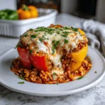 A cozy, cheesy Stuffed Pepper Casserole with bell peppers, ground beef, rice,
