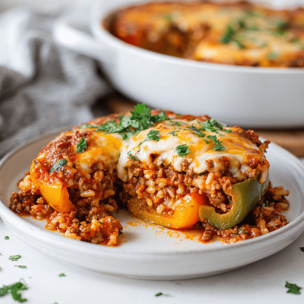 Stuffed Pepper Casserole with bell peppers, ground beef, rice,