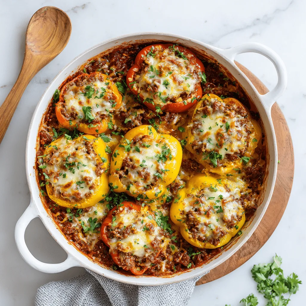 Stuffed Pepper Casserole with bell peppers, ground beef, rice,