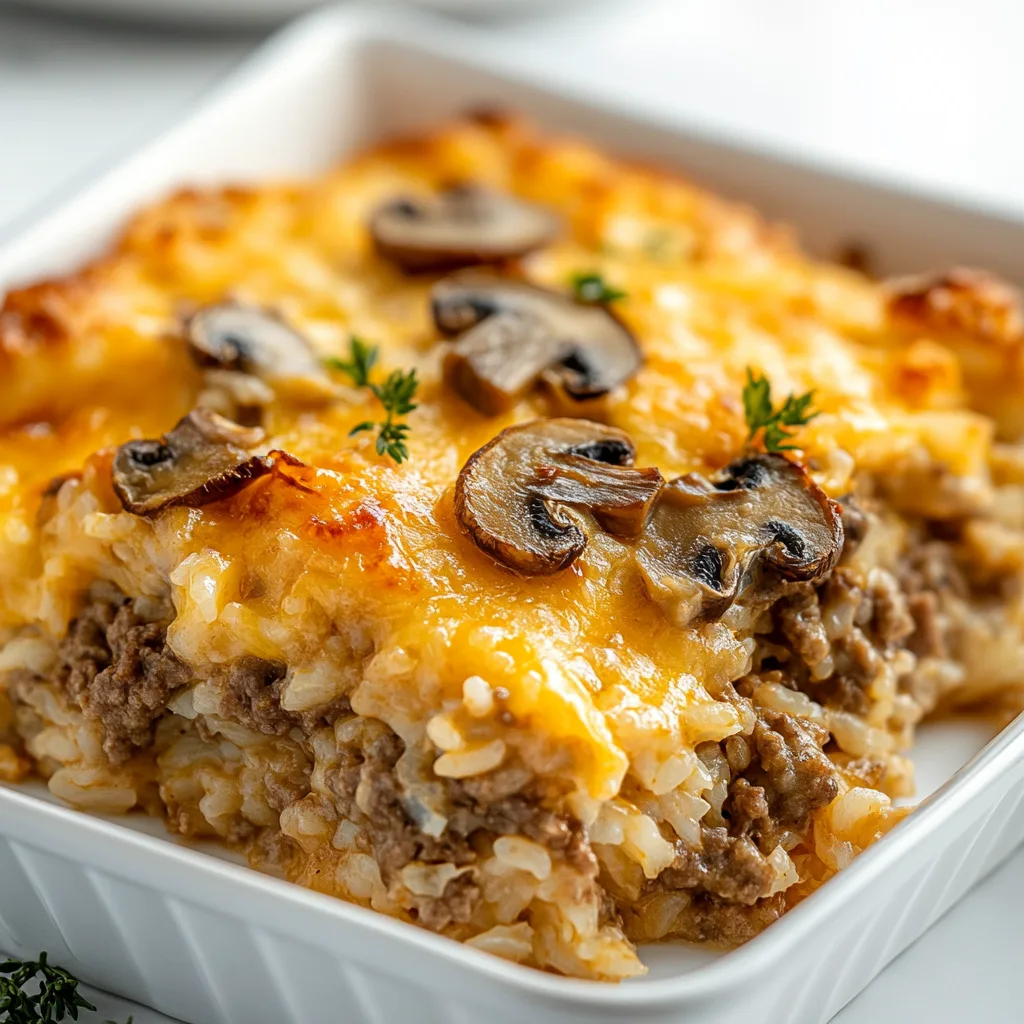 Cheesy Beef and Rice Casserole with Mushrooms | Easy Comfort Food Recipe