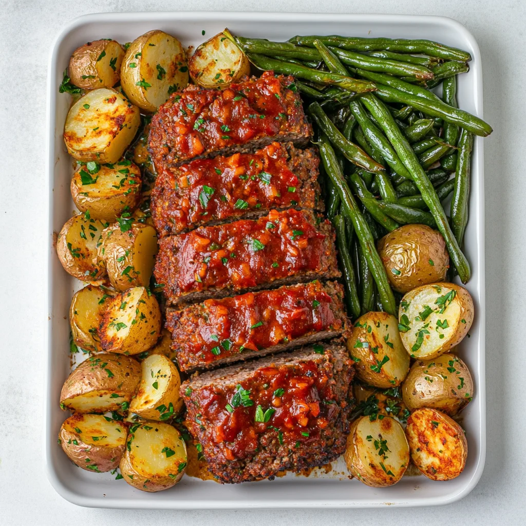 Sheet Pan Meatloaf Dinner with Roasted Green Beans and Potatoes – Easy, Delicious One-Pan Meal
