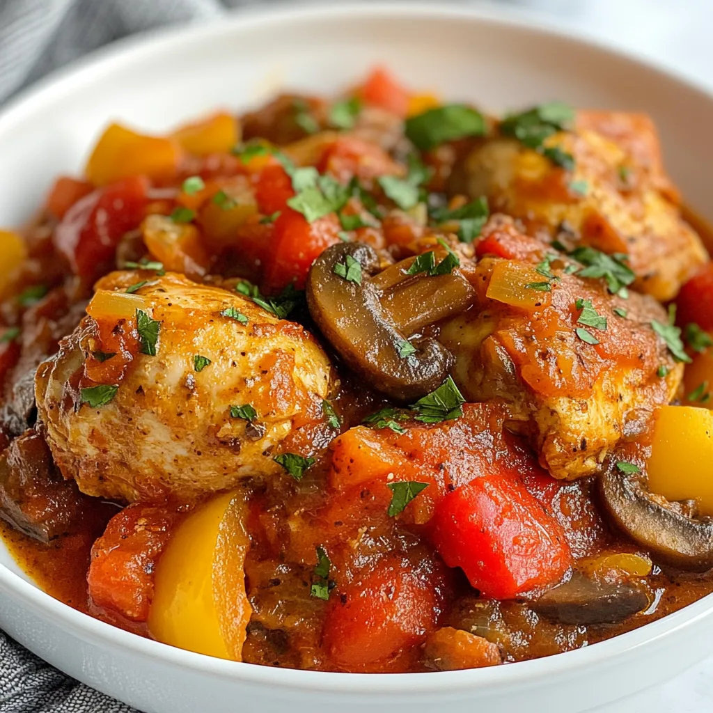 Slow Cooker Chicken Cacciatore Recipe with Bell Peppers, Mushrooms & Tomatoes