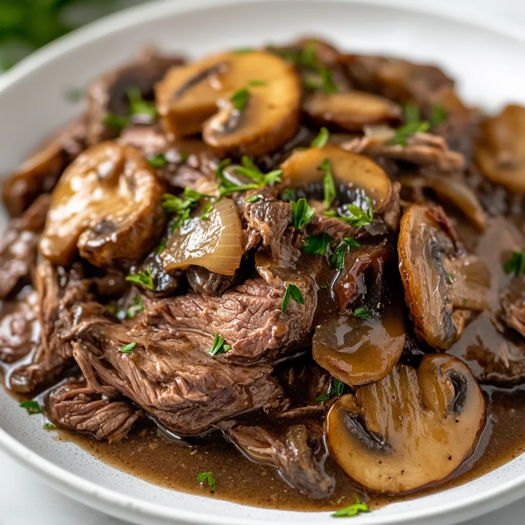 Tender Slow Cooker Mushroom Roast Beef with Rich Onion Gravy Recipe