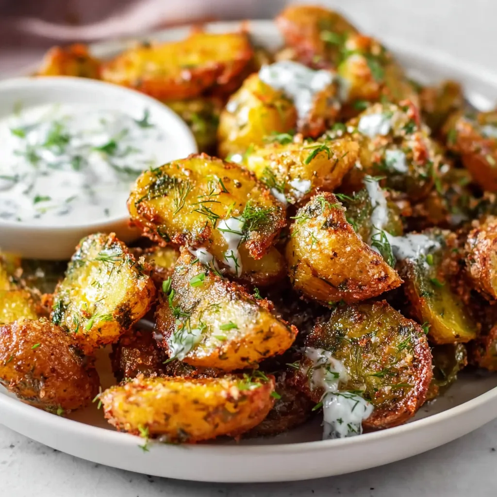 Crispy Pickle Potatoes with Herbed Yogurt | Delicious & Easy Recipe