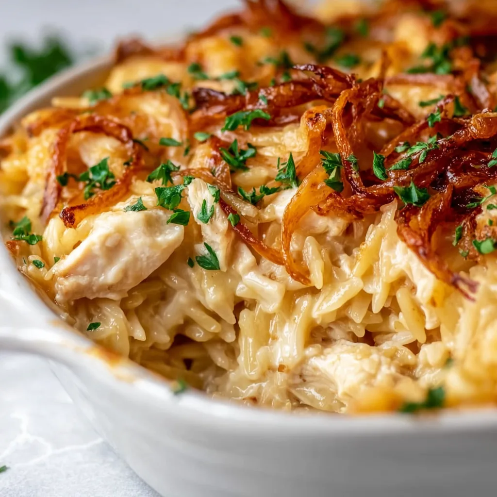 French Onion Chicken Orzo Casserole Recipe | Easy Comfort Food Delight