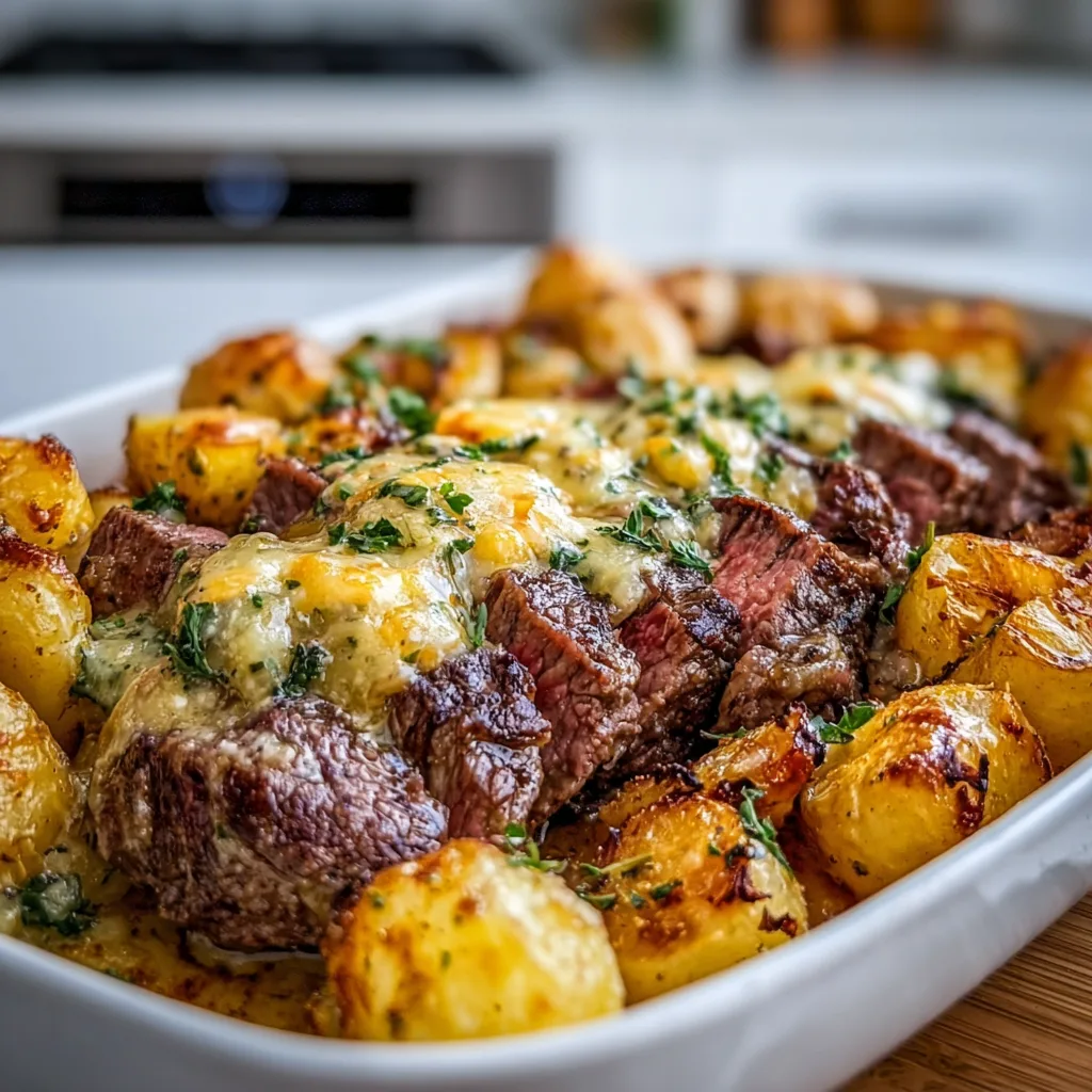 Garlic Butter Steak & Cheddar Potato Bake | Easy Comfort Food Recipe