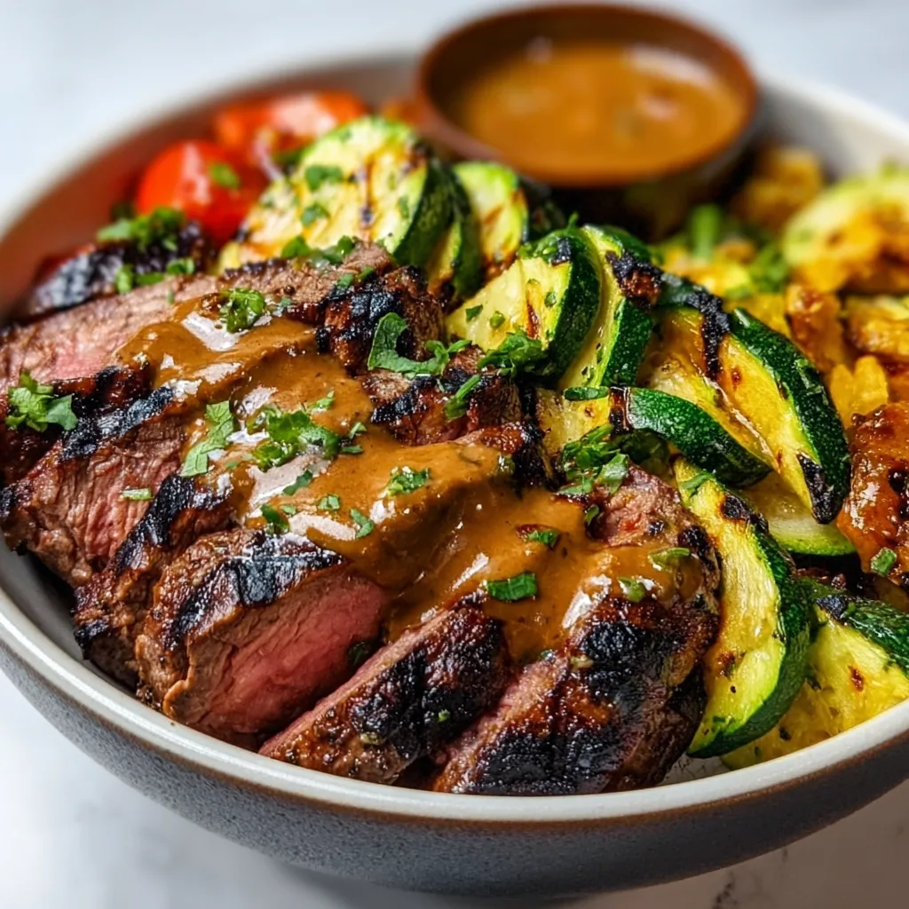 Delicious Grilled Steak Bowl with Tangy Sauce & Perfectly Grilled Zucchini Recipe