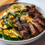 Delicious Grilled Steak Bowl with Tangy Sauce & Perfectly Grilled Zucchini Recipe