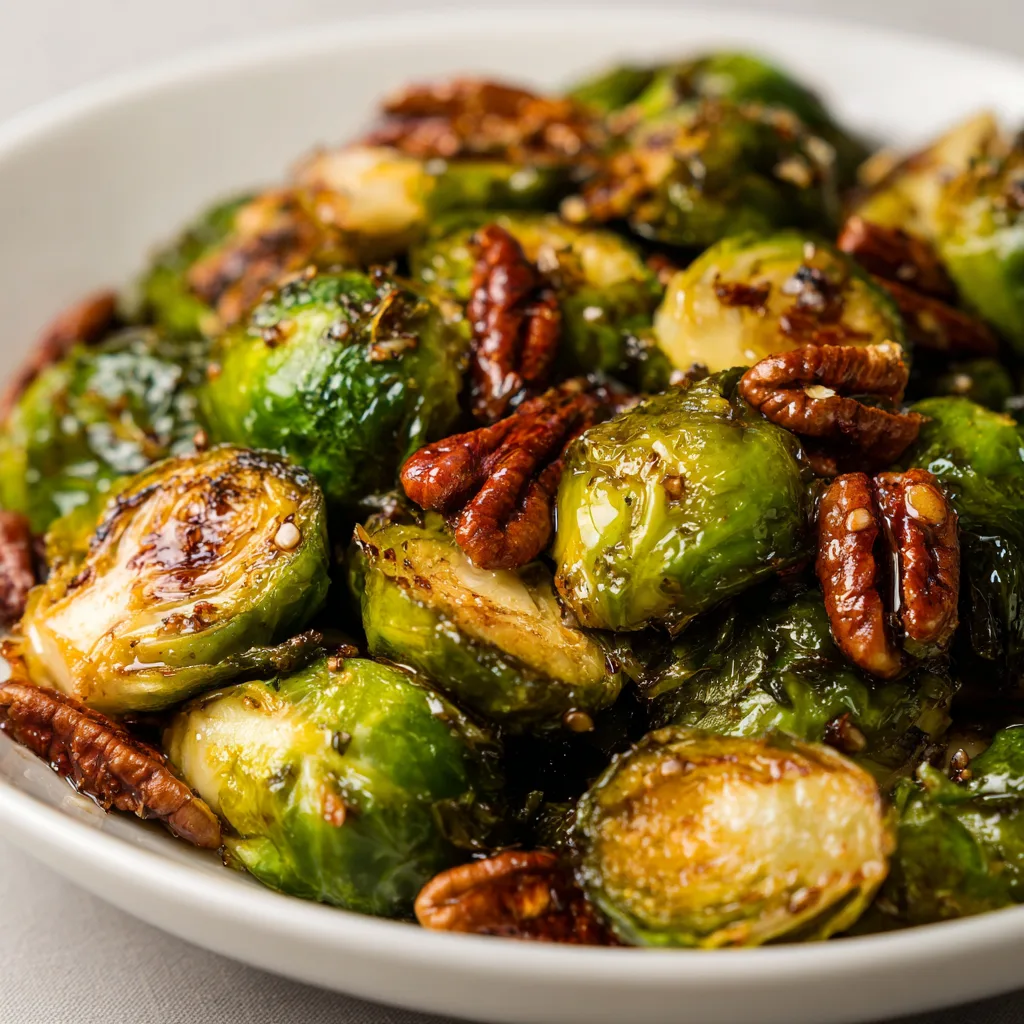 Delicious Roasted Brussels Sprouts with Balsamic Glaze & Crunchy Pecans Recipe