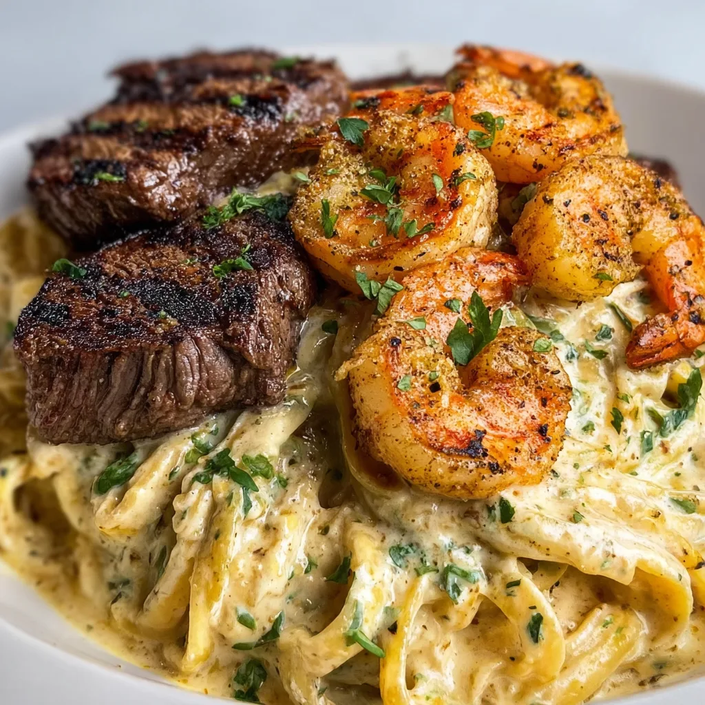 Blackened Steak Shrimp Alfredo Recipe | Creamy Cajun Seafood Pasta Delight