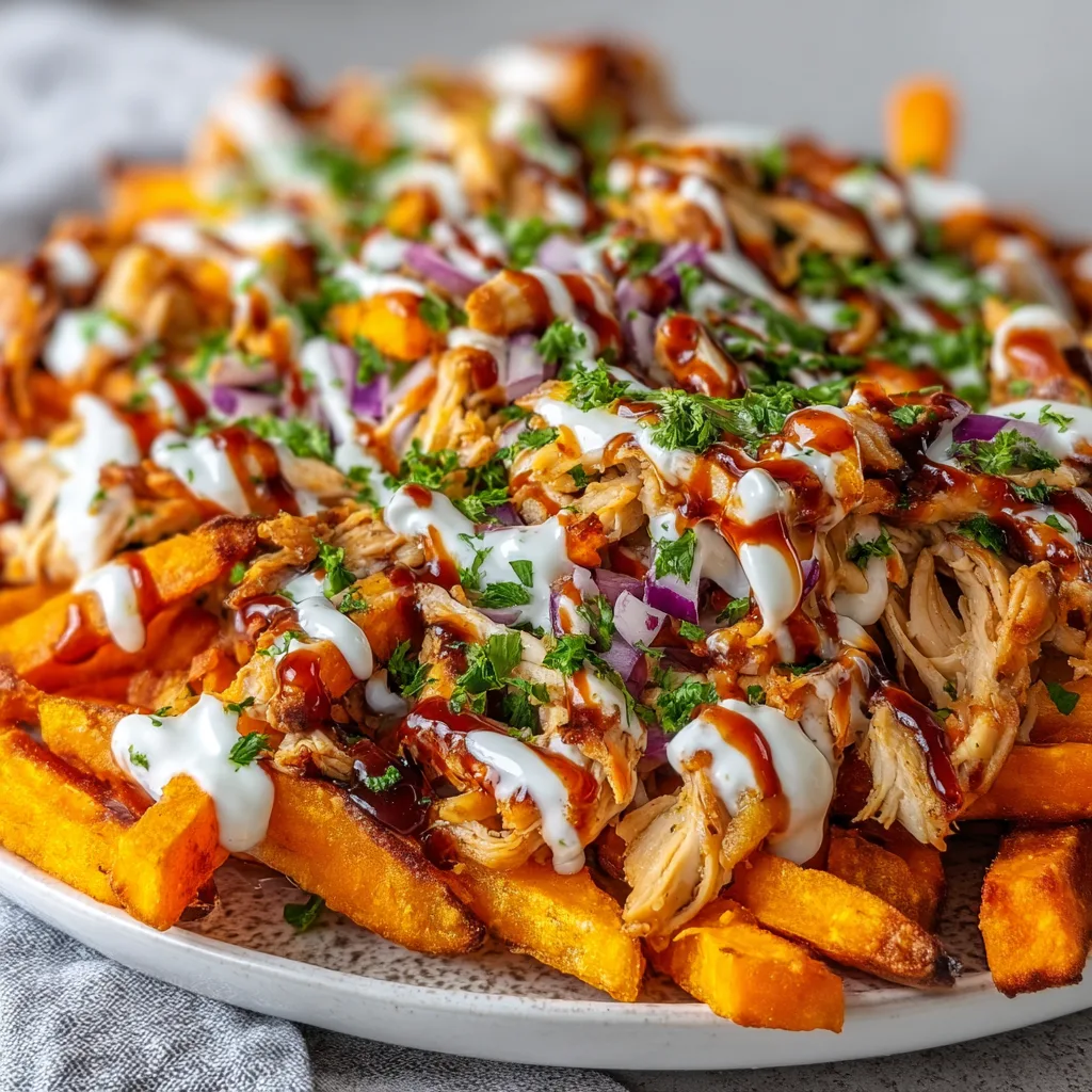Loaded BBQ Chicken Sweet Fries | Delicious BBQ Chicken Loaded Sweet Potato Fries Recipe