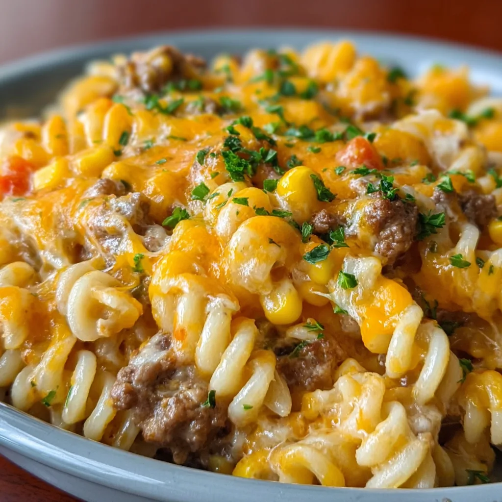 Loaded Cheddar Ranch Beef and Sweet Corn Rotini Bake Recipe | Easy & Delicious Casserole