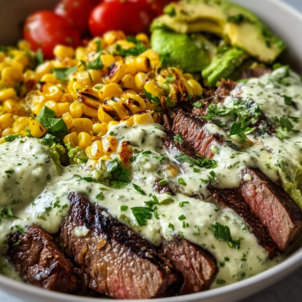 Steak, Avocado & Roasted Corn Bowl with Creamy Cilantro Sauce | Healthy Recipe