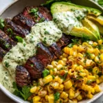 Steak, Avocado & Roasted Corn Bowl with Creamy Cilantro Sauce | Healthy Recipe