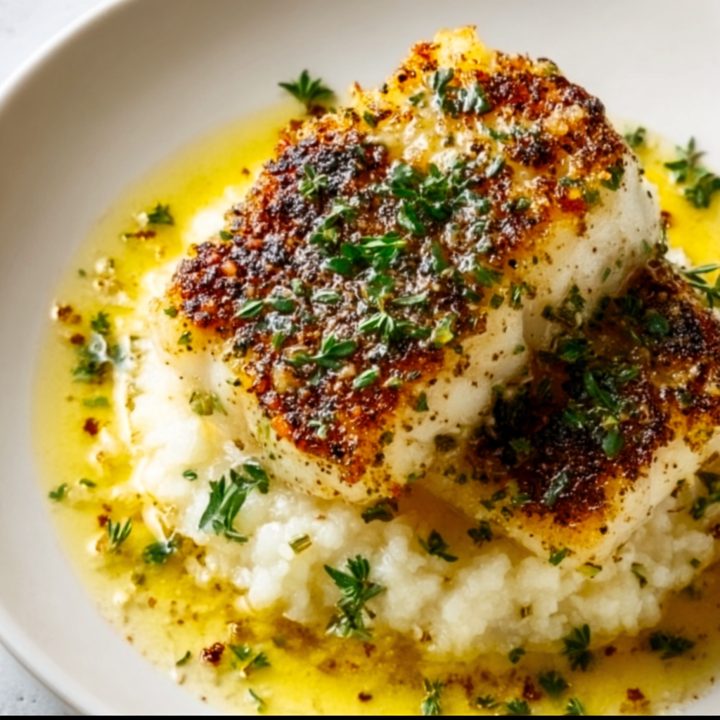 Broiled Halibut with Parmesan Butter Topping | Easy Gourmet Seafood Recipe