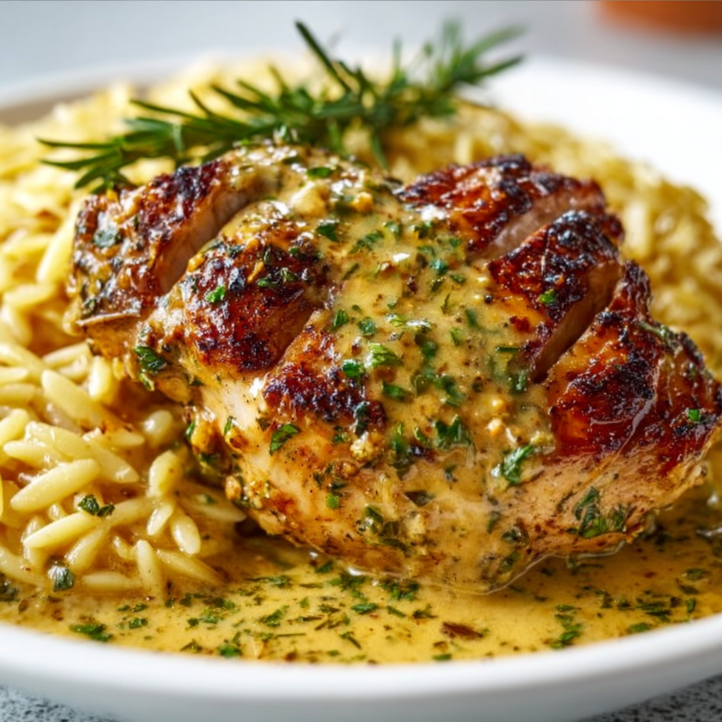 Crockpot Mustard Herb Chicken with Creamy Orzo Recipe | Easy Slow Cooker Dinner
