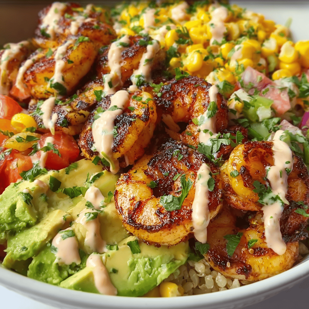 Grilled Shrimp Bowl with Avocado Corn Salsa & Creamy Sauce | Easy Healthy Recipe