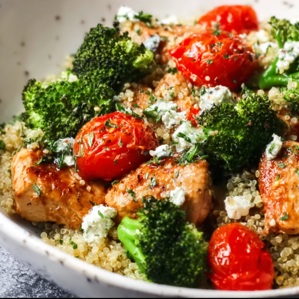 Healthy Mediterranean Chicken Quinoa Bowl with Broccoli and Tomato – Easy & Nutritious Recipe